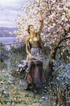 countrywoman Painting - Gathering Apple Blossoms countrywoman Daniel Ridgway Knight Impressionism Flowers